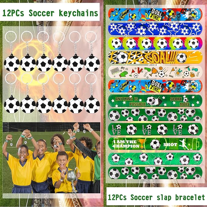 158Pcs Soccer Party Favors with Soccer Party Bags Soccer Whistle Mini Foam Soccer Ball Slap Bracelets Keychains Sticker Tattoo for Party Goodie Bag Fillers Soccer Party Decorations