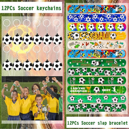 158Pcs Soccer Party Favors with Soccer Party Bags Soccer Whistle Mini Foam Soccer Ball Slap Bracelets Keychains Sticker Tattoo for Party Goodie Bag Fillers Soccer Party Decorations