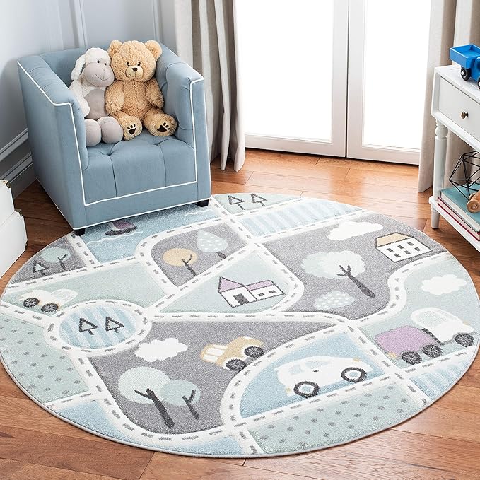 SAFAVIEH Carousel Kids Collection Area Rug - 8' Round, Grey & Light Blue, Non-Shedding & Easy Care, Ideal for High Traffic Areas for Boys & Girls in Playroom, Nursery, Bedroom (CRK193F)
