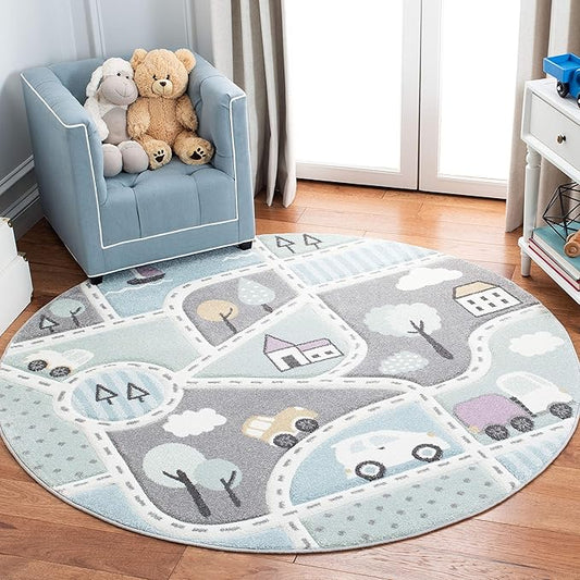 SAFAVIEH Carousel Kids Collection 6'7" Round Grey/Light Blue CRK193F Neighborhood Non-Shedding Nursery Playroom Area Rug