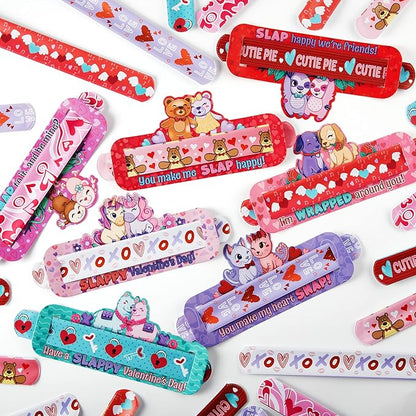 JOYIN 28 Valentine's Day Gifts Cards with Slap Bracelet, Animal Heart Snap Bracelet Wristband for Kids,Valentine's Party Favors, Valentine Classroom Exchange, Game Prizes