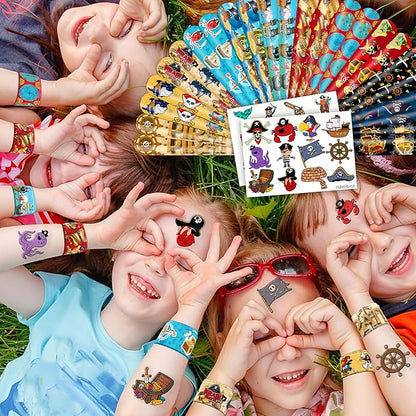 48PCS Pirate Party Favors - 24PCS Tattoos & 24PCS Slap Bracelets - Pirate-Themed Birthday Supplies, Treasure Hunt Decorations, Classroom Prizes, Gifts for Boys & Girls