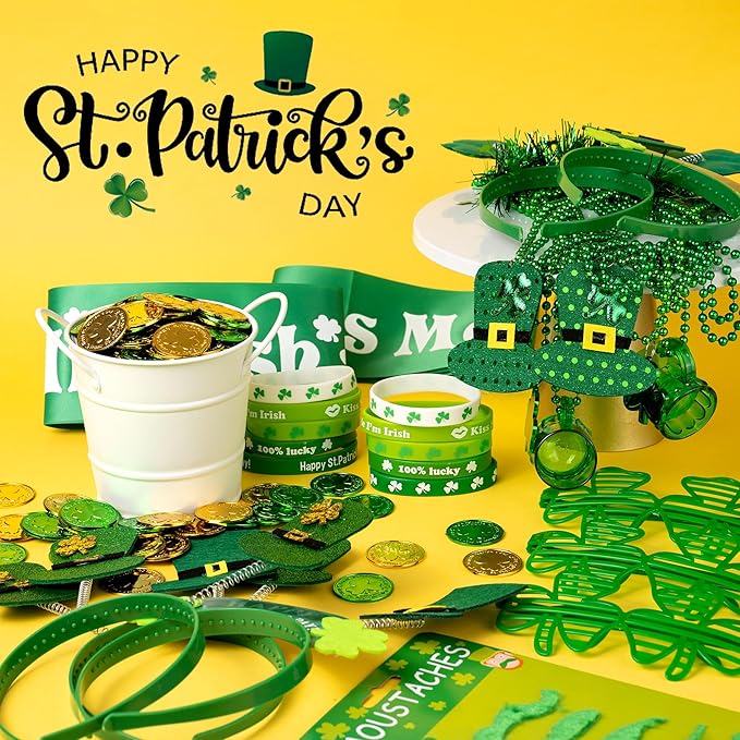180Pcs St. Patrick's Day Accessories Party Favor Set, Tattoo Stickers, Necklaces, Bracelets, Shamrock Glasses, Headbands, Mustaches, Coins and Kiss Me I'm Irish Sash for Irish Party Supplies