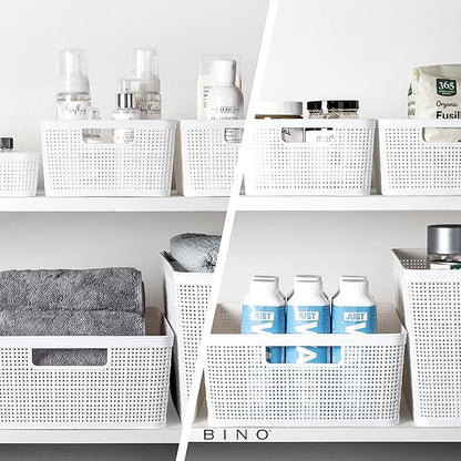 BINO | Woven Plastic Basket | Medium (White), 4-Pack | THE JUTE COLLECTION | Home Organization, Space - Saving Storage, Stylish Design | Jute Basket | Plastic Storage Basket