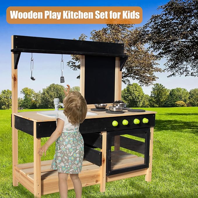 Mud Kitchen Playset for, Outdoor Wooden Toy Play Kitchen Set for Boys and Girls, Kitchen Accessories and Garden Sink with Faucet, Blackboard, Cookware Pot (Black)