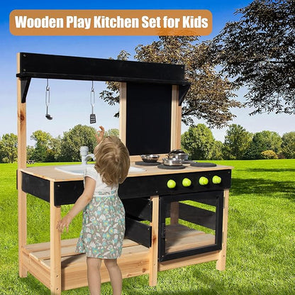 Mud Kitchen Playset for, Outdoor Wooden Toy Play Kitchen Set for Boys and Girls, Kitchen Accessories and Garden Sink with Faucet, Blackboard, Cookware Pot (Black)