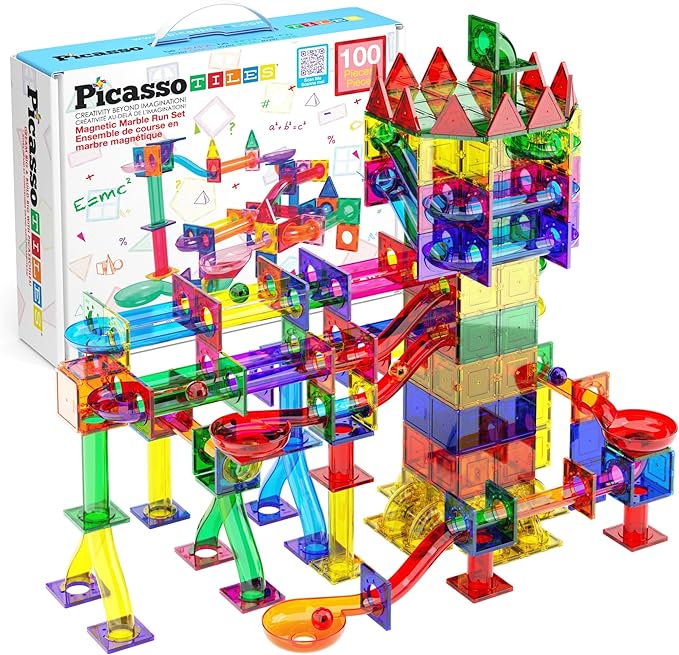 PicassoTiles 100pc Magnetic Marble Run Set with Racing Track Tiles Funnels Curved Slopes and Steel Balls for Kids STEM Construction Indoor Learning Toy that Promotes Focus and Problem Solving PTG100