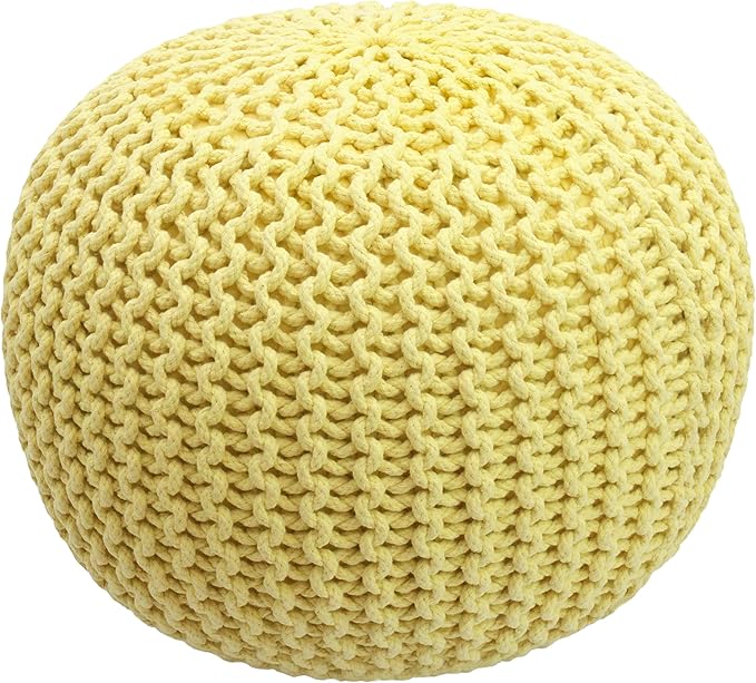 COTTON CRAFT - Hand Knitted Cable Style Dori Pouf - Yellow - Floor Ottoman - Cotton Braid Cord - Handmade & Hand Stitched - Truly one of a Kind Seating - 20 Dia x 14 High