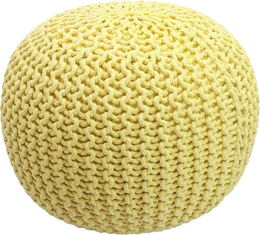COTTON CRAFT - Hand Knitted Cable Style Dori Pouf - Yellow - Floor Ottoman - Cotton Braid Cord - Handmade & Hand Stitched - Truly one of a Kind Seating - 20 Dia x 14 High