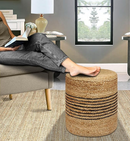 COTTON CRAFT Braided Pouf – Cylindrical Jute Cotton Ottoman - Boho Foot Stool - Bedroom Dorm Family Room Accent Seating – Rustic Decorative Round Pouf – 15 Dia x 16 Height - Natural Black Stripe
