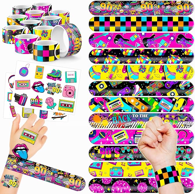 48PCS 90s & 80s Party Favors - 24PCS Tattoos & 24PCS Slap Bracelets, Retro 90s Birthday Party Supplies Decorations, Ideal for Kids’ Classroom Prizes & Rewards for Boys & Girls