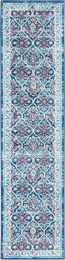 SAFAVIEH Brentwood Collection 2' x 8' Navy / Red BNT870N Oriental Damask Trellis Non-Shedding Living Room Entryway Foyer Hallway Bedroom Runner Rug