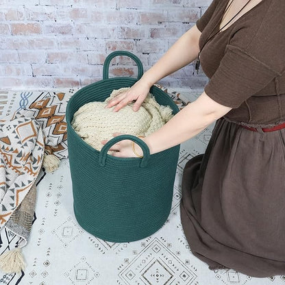 XUANGUO Cotton Rope Laundry Basket Hamper for Clothes Woven Storage Basket for Living Room Bedroom Boho Tall Rope Baskets for Blanket Toys Pillow Towels Baby Nursery Hamper Bin Large dark green