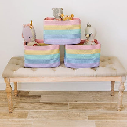 OrganiHaus Set of 3 Pastel Rainbow Baskets - Colorful Woven Storage Baskets for Playroom, Nursery & Classroom Decor, Toy Storage, 15x9x10