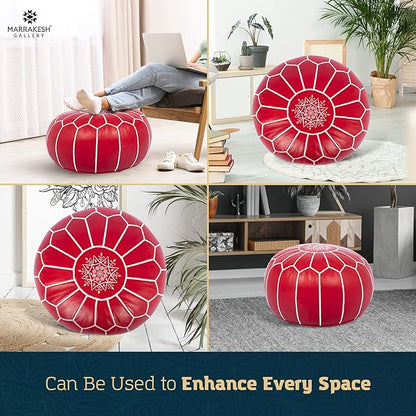 Marrakesh Gallery Genuine Leather Round Pouf Unstuffed - Moroccan Ottoman Footstool, Footrest Cover - Boho Decor - Bohemian Living Room, Bedroom, Kids Room, Gift & Wedding