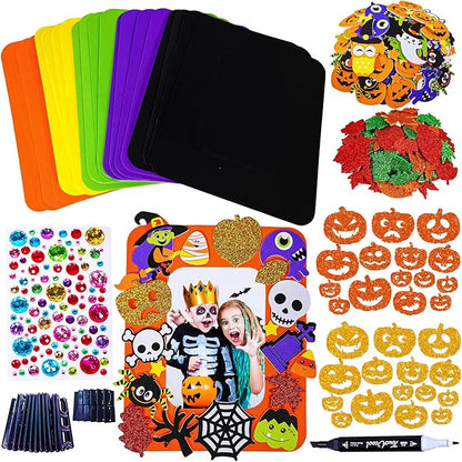 Winlyn 12 Sets Halloween Craft Kits Fall Kids Crafts DIY Halloween Picture Frame Decorations Art Sets Pumpkin Ghost Monster Foam Stickers Arts and Crafts for Kids Halloween Classroom Party Activities