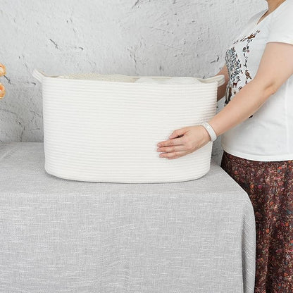 XUANGUO Large Rectangle Blankets Basket Living Room 22"x17"x12" Woven Cotton Rope Storage Baskets for Nursery Toy Baskets for Kids and Dogs Wicker Laundry Basket Bin for Clothes Towels white