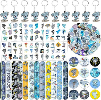 98 PCS Tornado Party Favors, Tornado Temporary Tattoos Slap Bracelets Keychains Stickers Badges for Tornado Birthday Party Decorations Supplies Gifts for Kids Teens Boys Girls Classroom Rewards