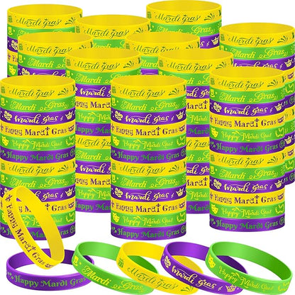 Yilloog Mardi Gras Silicone Bracelets Mardi Gras Parade Throws Bulk Party Favors Rubber Bracelets Party Supplies Decorations Goodie Bag Stuffers Fillers Silicone Wristbands(120 Pcs)