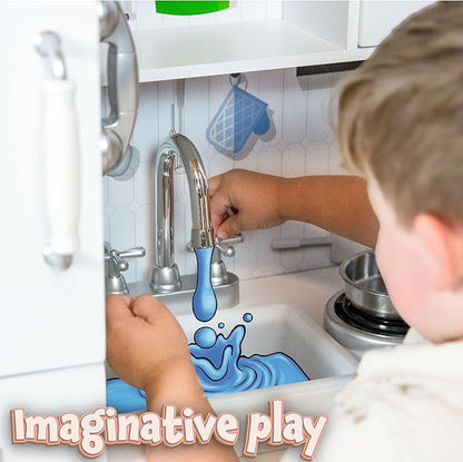 Sunnydaze Chef Sounds Interactive Play Kitchen for Kids - Wooden Kitchen Playset with Lights, Sounds, and Accessories - White