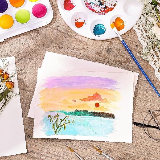 25 Sheets Watercolor Paper, 300 GSM Deckled Edge Paper 5 x 7 inch Rough/Textured Handmade Paper Cotton Paper White Textured Paper for Watercolors, Wedding Invitations, Cards, Crafts