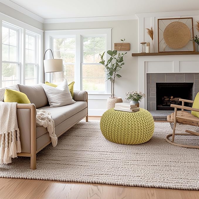 COTTON CRAFT - Hand Knitted Cable Style Dori Pouf - Green - Floor Ottoman - Cotton Braid Cord - Handmade & Hand Stitched - Truly one of a Kind Seating - 20 Dia x 14 High