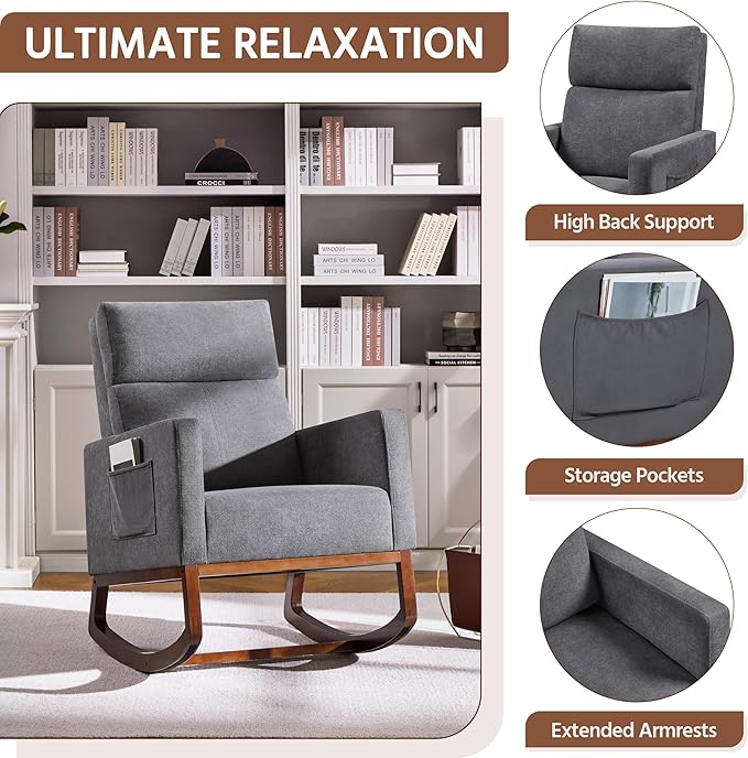 Yaheetech Rocking Chair, Upholstered Glider Chair with Side Pocket, Nursery Chair with High Backrest and Rubber Wood Legs, Rocking Accent Armchair for Living Room Bedroom Nursery, Gray