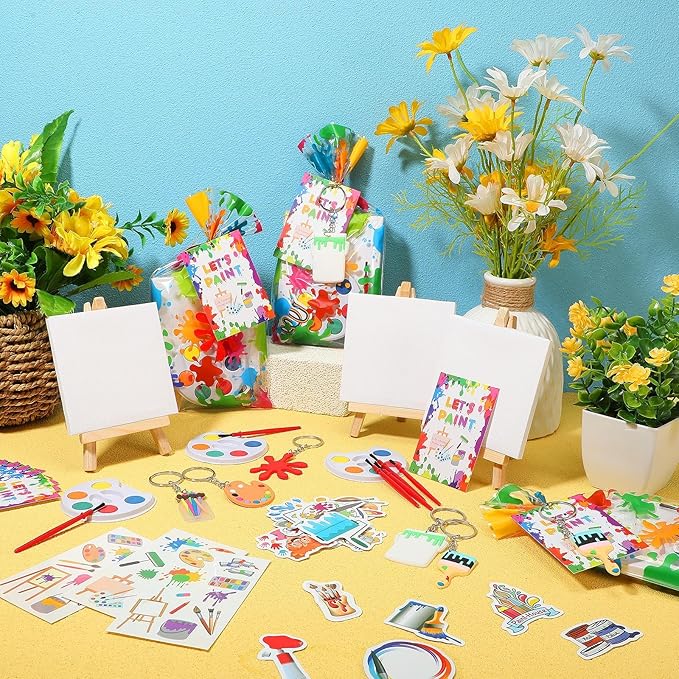 HyDren Paint Party Favors Include Mini Watercolor Paint Set Small Painting Canvas with Easel Palette Brush Paint Stickers Tattoo Sticker Keychain for Class Birthday Art Party(189 Pcs, Creative Style)
