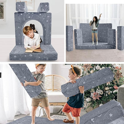 MeMoreCool 10-Piece Kids Couch, Modular Kids Sofa for Playroom, Fold Out Play Couch for Girl Boy, Glow Dino