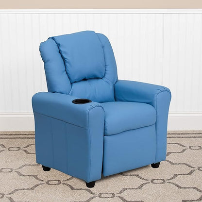 Flash Furniture Vana Vinyl Kids Recliner with Cup Holder, Headrest, and Safety Recline, Contemporary Reclining Chair for Kids, Supports up to 90 lbs., Light Blue