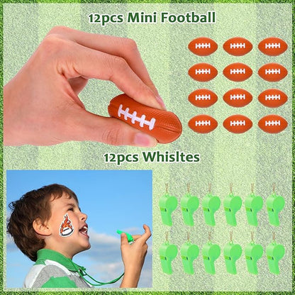 110 Pcs Football Party Favors for Kids 12 Sets Football Party Supplies Drawstring Bag Backpack with Keychains Mini Football Stress Balls Goodie Bag Stickers Toy Presents Gift Set Slaps Bracelets