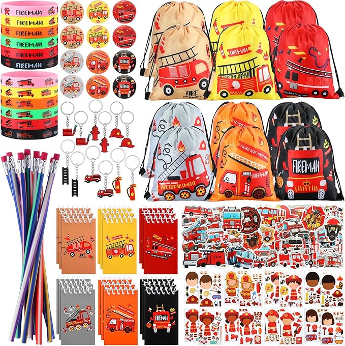 144 Pcs Firefighter Party Favors Fireman Themed Party Supplies Firemen Truck DIY Stickers Drawstring Bags Mini Notepads Silicone Wristbands Bracelets Keychain Button Pins Flexible Soft Pencil