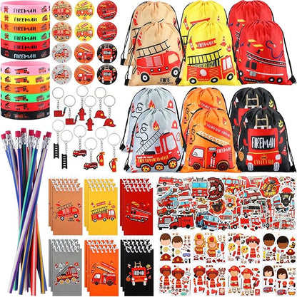 144 Pcs Firefighter Party Favors Fireman Themed Party Supplies Firemen Truck DIY Stickers Drawstring Bags Mini Notepads Silicone Wristbands Bracelets Keychain Button Pins Flexible Soft Pencil