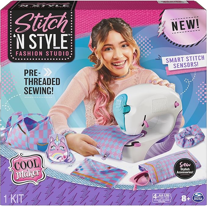 Cool Maker, Stitch ‘N Style Fashion Studio, Pre-Threaded Sewing Machine Toy with Fabric and Water Transfer Prints, Arts & Crafts Kids Toys for Girls