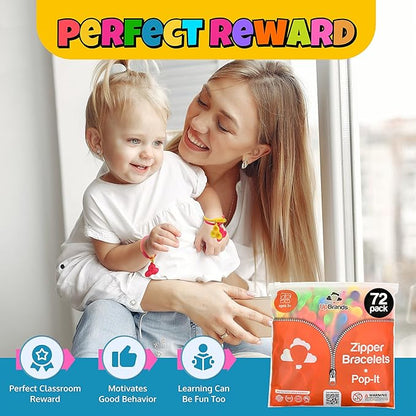 UpBrands 72 Fidget Party Favors for Kids Upgraded Zipper Pop-it Bracelets, ADHD Fidget Toys Poppers, Gifts for Kids Bulk Kit for Birthday Party, Easter Egg & Pinata Fillers