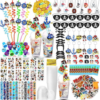 Spakon 283 Pcs Pirate Party Favors Supplies Halloween Party Include Pirate Pendants Bracelets Cup Straw Keychains Rings Eye Masks Mustache Tattoo Stickers Gold Coins Cards for Birthday Party
