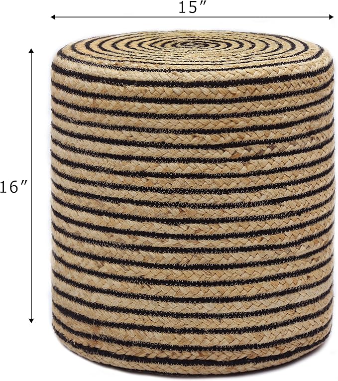 COTTON CRAFT Braided Pouf – Cylindrical Jute Cotton Ottoman - Boho Foot Stool - Bedroom Dorm Family Room Accent Seating – Rustic Decorative Round Pouf – 15 Dia x 16 Height - Natural Black Pinstripe