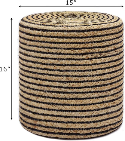 COTTON CRAFT Braided Pouf – Cylindrical Jute Cotton Ottoman - Boho Foot Stool - Bedroom Dorm Family Room Accent Seating – Rustic Decorative Round Pouf – 15 Dia x 16 Height - Natural Black Pinstripe