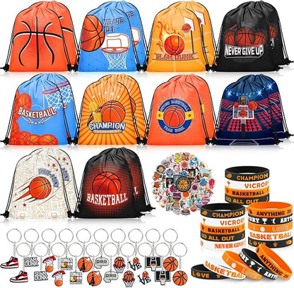 110 Pcs Basketball Party Favors Drawstring Backpack with Keychains Silicone Bracelets Stickers for Sports Birthday Supplies Goodie Bags Basketball Themed Gifts