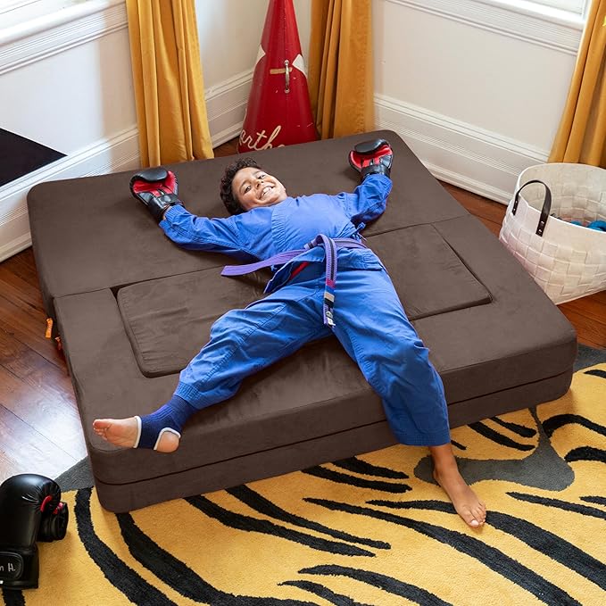 Jaxx Zipline Kids Sofa & Large Ottoman 3 in 1 Fold Out Sofa, Big Kids Edition Chocolate