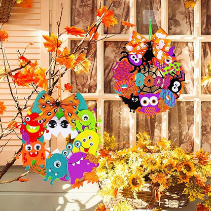 Winlyn 12 Sets Halloween Craft Kits Fall Crafts DIY Halloween Wreath Decorations Art Sets Pumpkin Monster Candy Corn Spider Bat Arts and Crafts Halloween Foam Stickers for Kids Classroom Activities