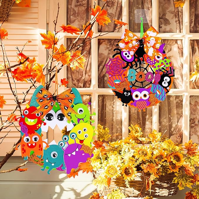 Winlyn 12 Sets Halloween Craft Kits Fall Crafts DIY Halloween Wreath Decorations Art Sets Pumpkin Monster Candy Corn Spider Bat Arts and Crafts Halloween Foam Stickers for Kids Classroom Activities