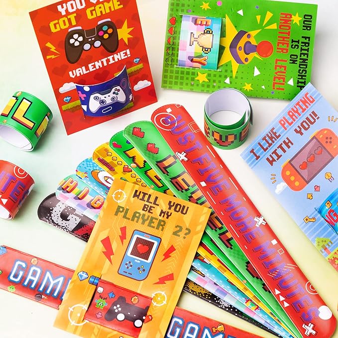 Haooryx Valentine's Exchange Gifts Bulk - 28-Piece Video Game Slap Bracelets with Greeting Cards Valentine's Day Kids' Multi-Item Party Favor Packs Class School Prizes Heartfelt Game Nights Reward