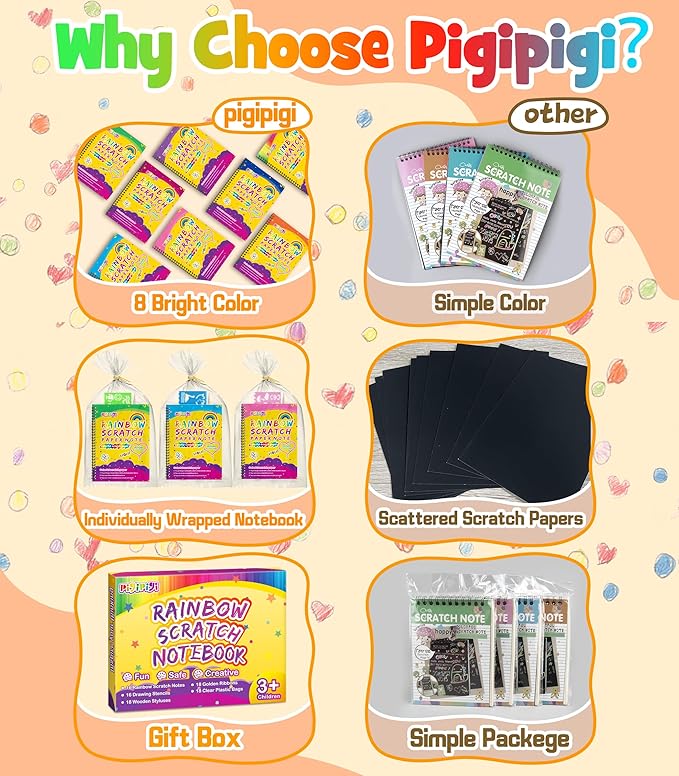 pigipigi Scratch Paper Art 16 Pack - Rainbow Scratch Note Book Magic Coloring Art Craft Paper Supply for Kids Ages 3 4 5 6 7 8 9 10 Drawing Art Book Birthday Party Favor Sets Fun Toy Gift Idea