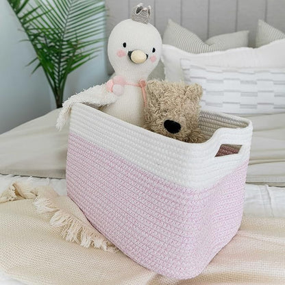 OrganiHaus Cotton Rope Basket for Shelf - Woven Storage Basket for Organizing, Closet & Toy Storage - Pink/Off-White - 15x9x10