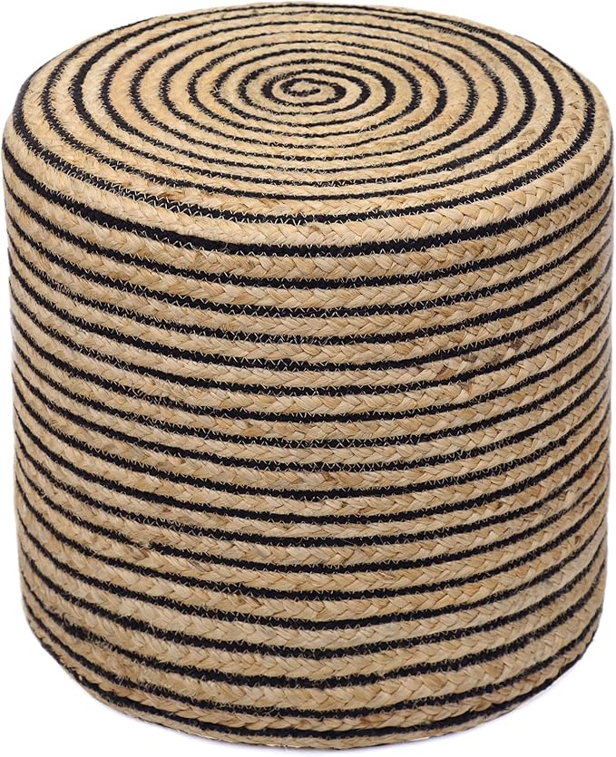 COTTON CRAFT Braided Pouf – Cylindrical Jute Cotton Ottoman - Boho Foot Stool - Bedroom Dorm Family Room Accent Seating – Rustic Decorative Round Pouf – 15 Dia x 16 Height - Natural Black Pinstripe