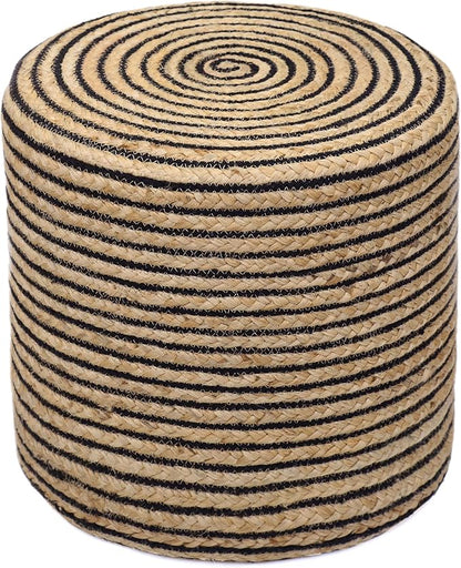 COTTON CRAFT Braided Pouf – Cylindrical Jute Cotton Ottoman - Boho Foot Stool - Bedroom Dorm Family Room Accent Seating – Rustic Decorative Round Pouf – 15 Dia x 16 Height - Natural Black Pinstripe