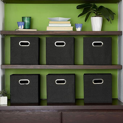 Household Essentials Foldable Fabric Storage Bins 6 Piece Set, Strong Poly-Woven Fabric, Sturdy Chipboard Sides, Grommet Front Handle, Stackable and Foldable, Classic Design, Black