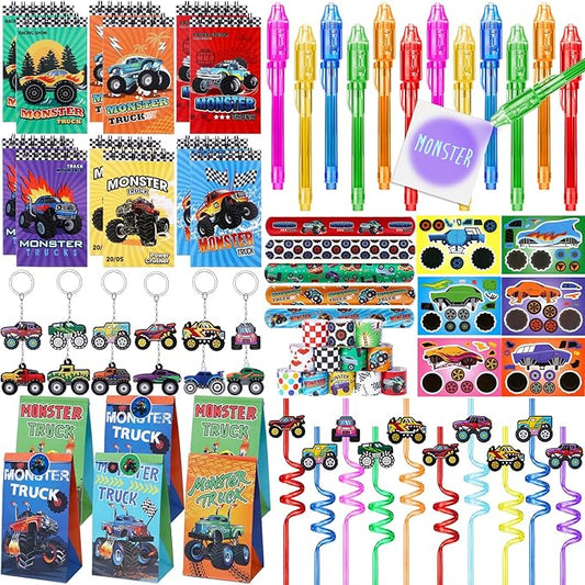 Winrayk Monster Truck Party Favors Kids Birthday Supplies, Invisible Ink Pen Notebook Straw Gift Bag DIY Sticker Keychain Slap Bracelet, Pinata Filler Goody Stuffer Game Boys Monster Truck Party Decor
