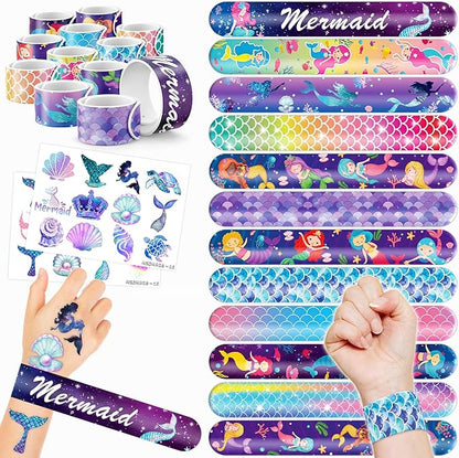 48PCS Mermaid Party Favors - 24PCS Tattoos & 24PCS Slap Bracelets - Undersea Birthday Supplies, Mermaid-Themed Decorations, Classroom Prizes, Gifts for Girls & Boys